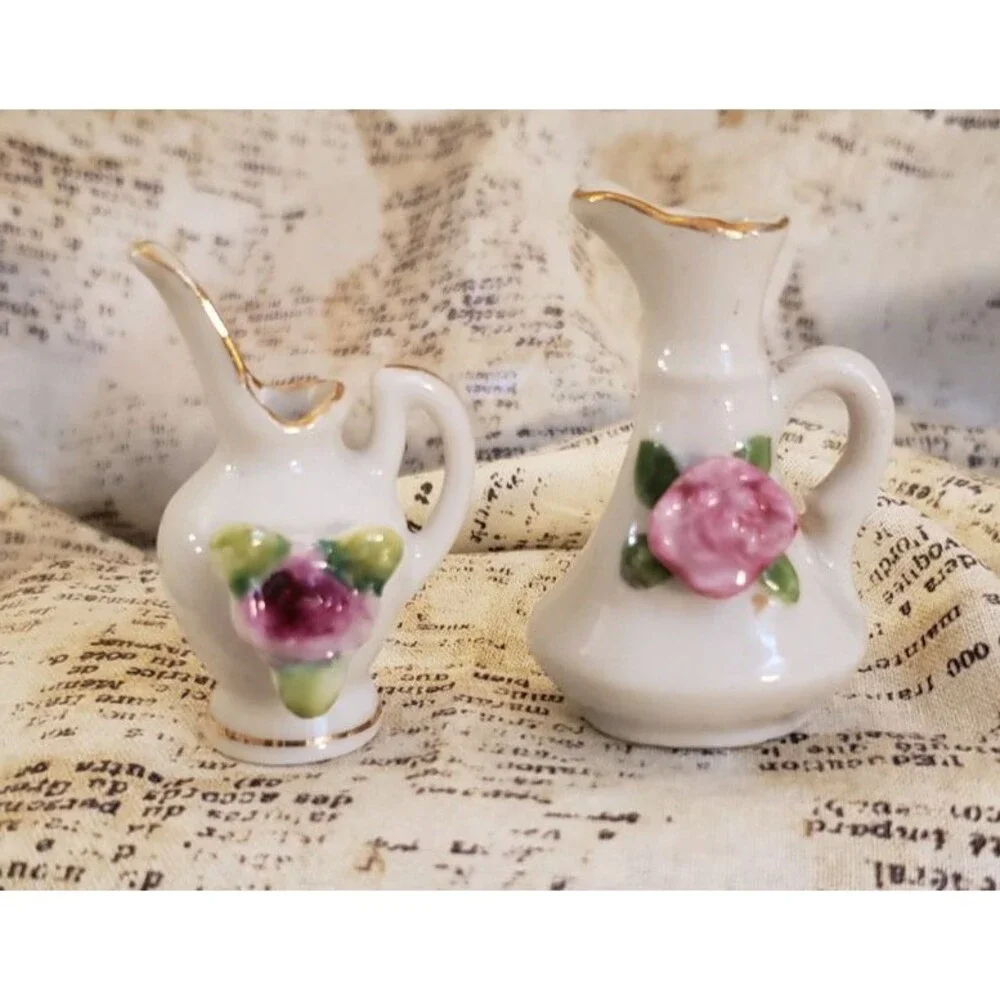 Elegant, Sophisticated - Two Vintage Miniature Pitchers with Floral Details